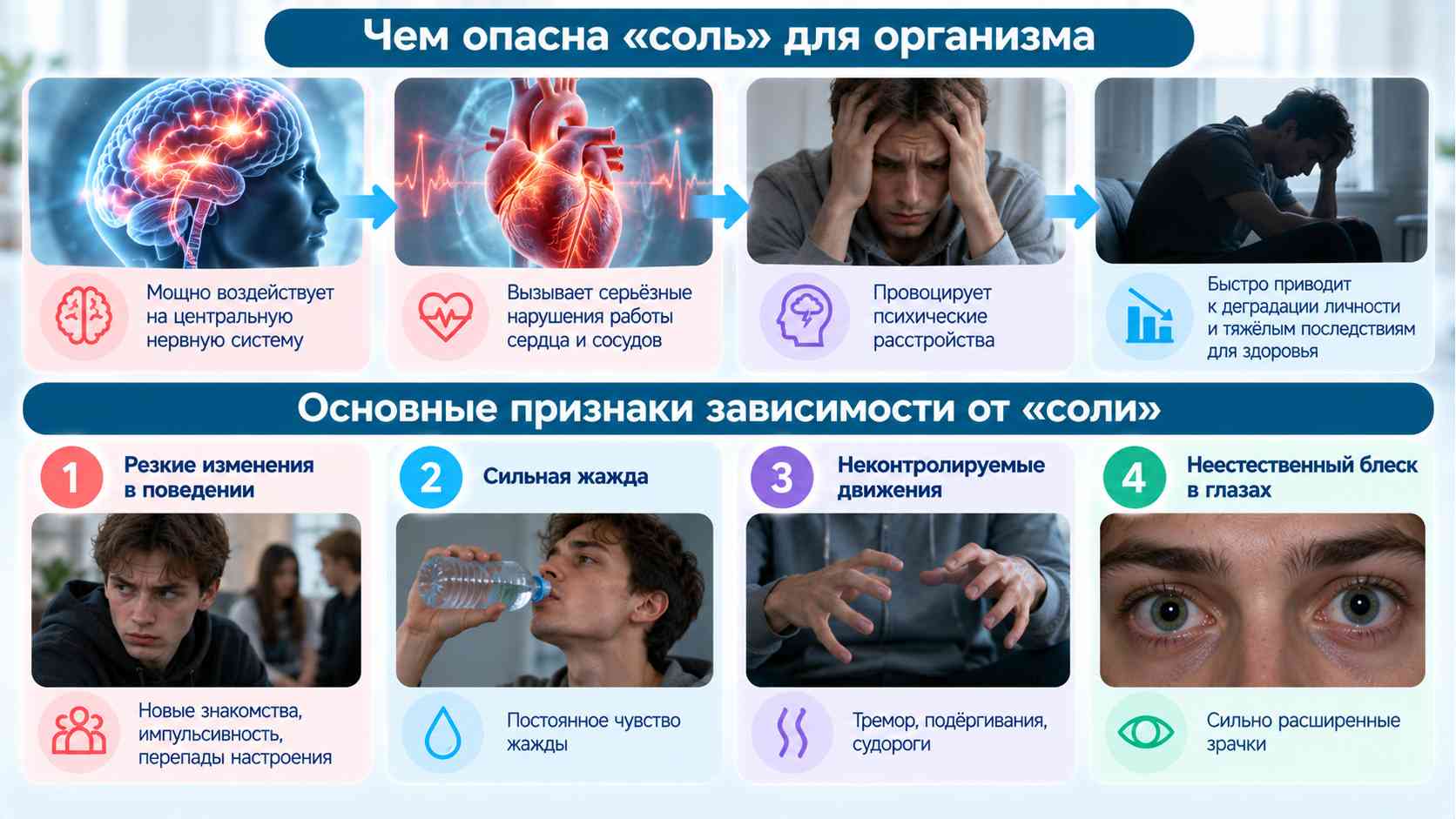 Инфографика о последствиях употребления синтетических наркотиков и признаках солевой зависимости: изменения поведения, сильная жажда, непроизвольные движения и расширенные зрачки.